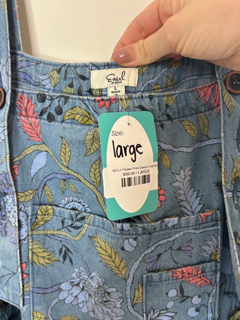 NEW Easel Oversized Floral Print Denim Overall Jumpsuit Washed Denim Size Large - Picture 8 of 11